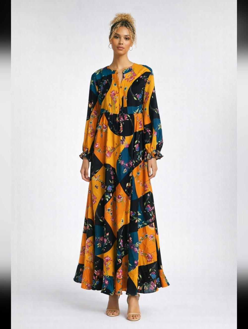 Floral Patchwork Maxi Dress in Mustard and Teal